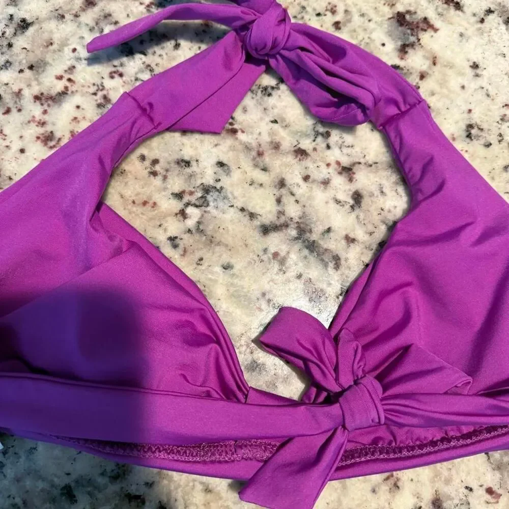 BCBG Purple Halter Bikini Top Women's Size L Tie Back Adjustable Straps NWT